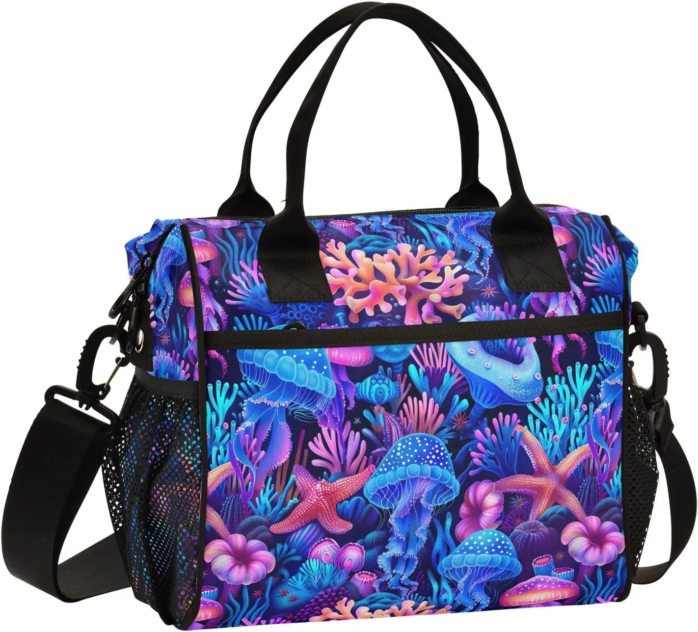 ODAWA Purple Blue Coral Jellyfish Lunch Cooler Bag with Adjustable Shoulder Strap, Lunch Bag for Women for Work
