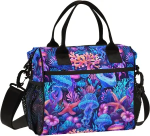ODAWA Purple Blue Coral Jellyfish Lunch Cooler Bag with Adjustable Shoulder Strap, Lunch Bag for Women for Work