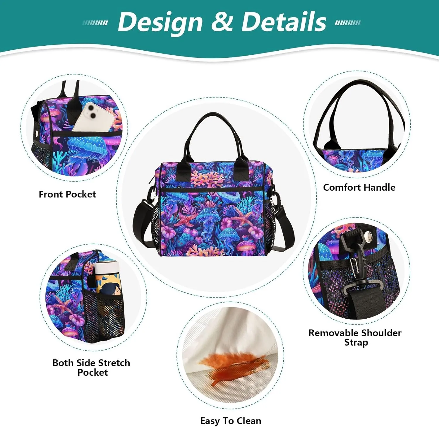 ODAWA Purple Blue Coral Jellyfish Lunch Cooler Bag with Adjustable Shoulder Strap, Lunch Bag for Women for Work