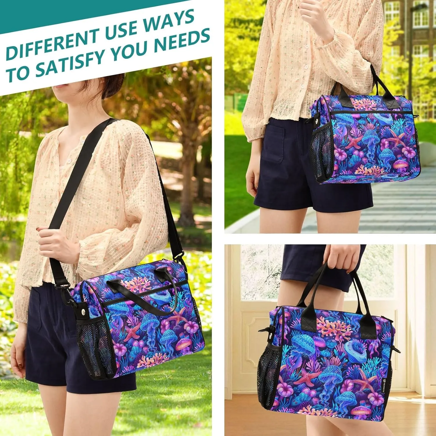 ODAWA Purple Blue Coral Jellyfish Lunch Cooler Bag with Adjustable Shoulder Strap, Lunch Bag for Women for Work