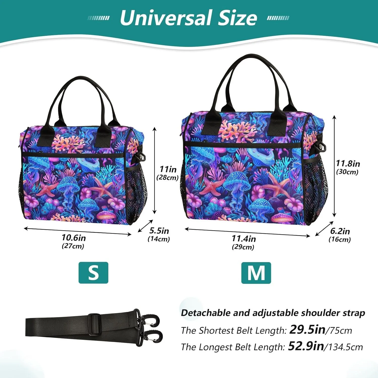 ODAWA Purple Blue Coral Jellyfish Lunch Cooler Bag with Adjustable Shoulder Strap, Lunch Bag for Women for Work