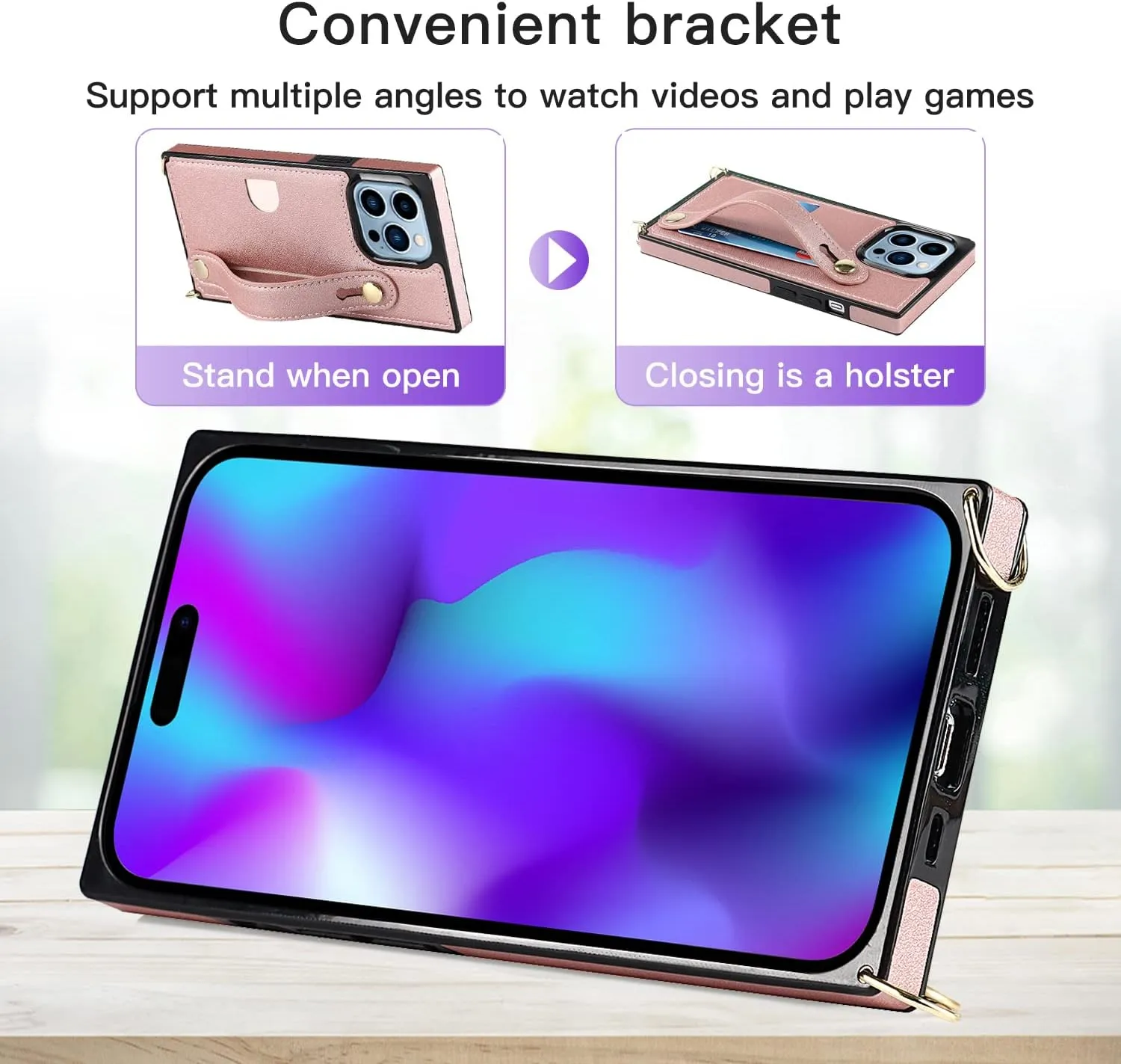 Omio Compatible with iPhone 14 Pro Case Wallet with Card Holder, Detachable Crossbody Lanyard with Hand Strap Stand for Women Girls Soft PU Leather Kickstand Rectangle Edge Slim Cover Rose Gold