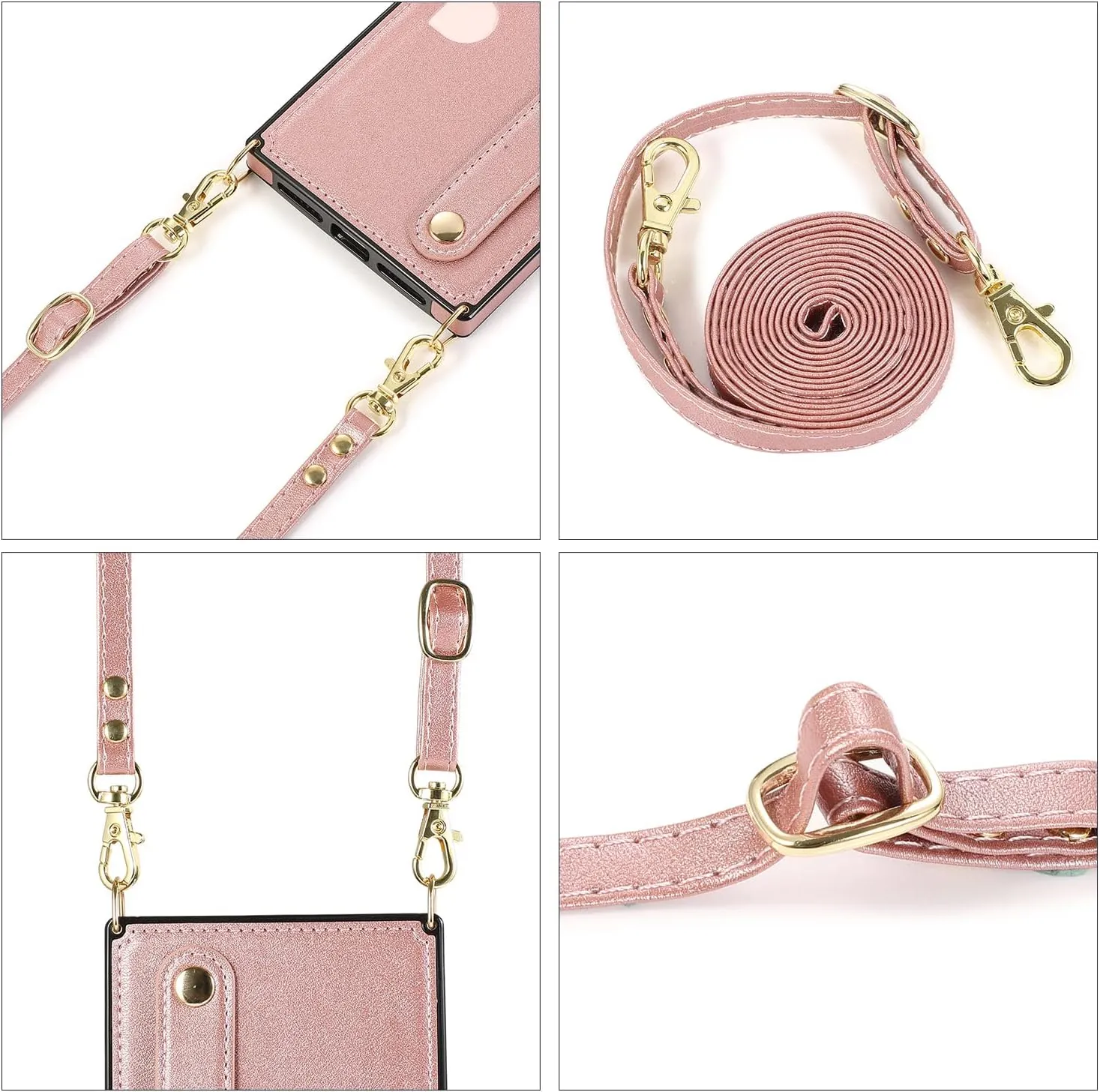 Omio Compatible with iPhone 14 Pro Case Wallet with Card Holder, Detachable Crossbody Lanyard with Hand Strap Stand for Women Girls Soft PU Leather Kickstand Rectangle Edge Slim Cover Rose Gold