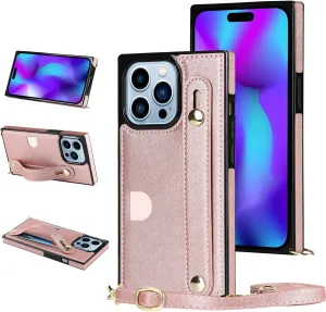 Omio Compatible with iPhone 14 Pro Case Wallet with Card Holder, Detachable Crossbody Lanyard with Hand Strap Stand for Women Girls Soft PU Leather Kickstand Rectangle Edge Slim Cover Rose Gold