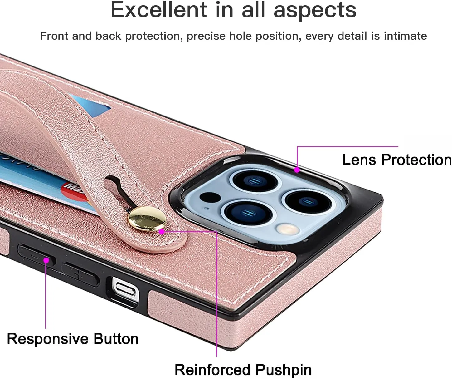 Omio Compatible with iPhone 14 Pro Case Wallet with Card Holder, Detachable Crossbody Lanyard with Hand Strap Stand for Women Girls Soft PU Leather Kickstand Rectangle Edge Slim Cover Rose Gold