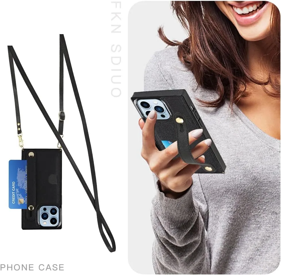 Omio Compatible with iPhone 14 Pro Case Wallet with Card Holder, Detachable Crossbody Lanyard with Hand Strap Stand for Women Girls Soft PU Leather Kickstand Rectangle Edge Slim Cover Rose Gold