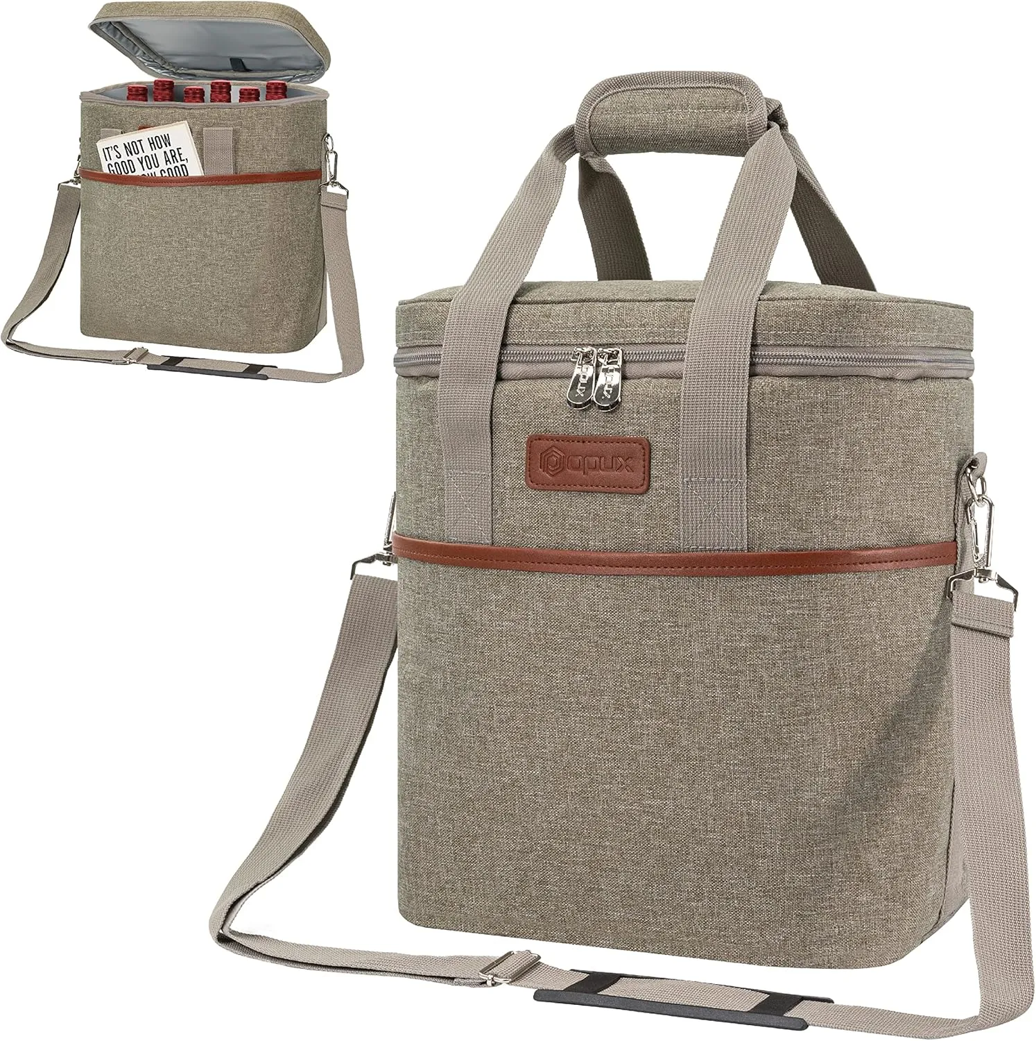 opux 6 Bottle Carrier Tote | Insulated Padded Wine Cooler Bag for Travel. Picnic, BYOB | Portable Leakproof Wine Tote Bag for Dinner, Party, Christmas, Wine Gift for Women, Men (Heather Taupe)