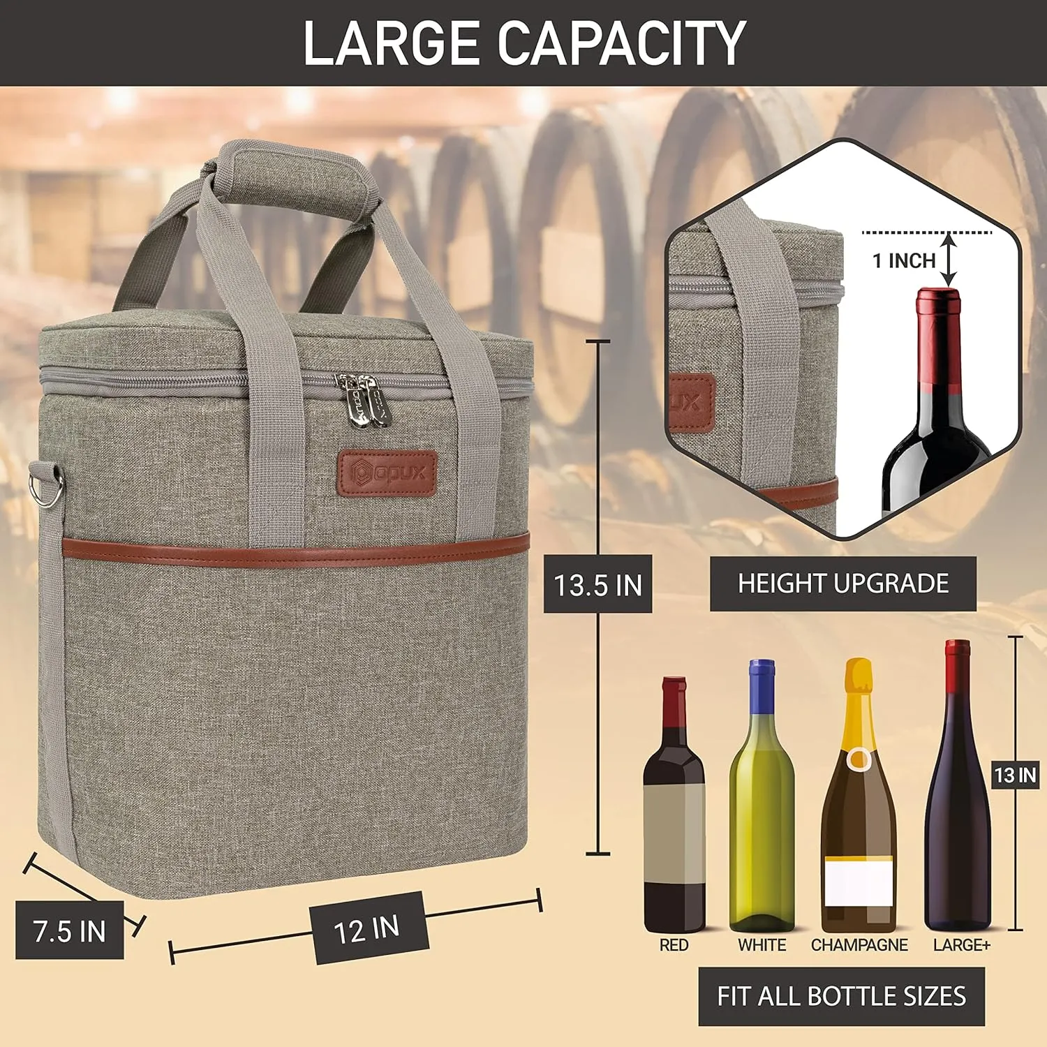 opux 6 Bottle Carrier Tote | Insulated Padded Wine Cooler Bag for Travel. Picnic, BYOB | Portable Leakproof Wine Tote Bag for Dinner, Party, Christmas, Wine Gift for Women, Men (Heather Taupe)