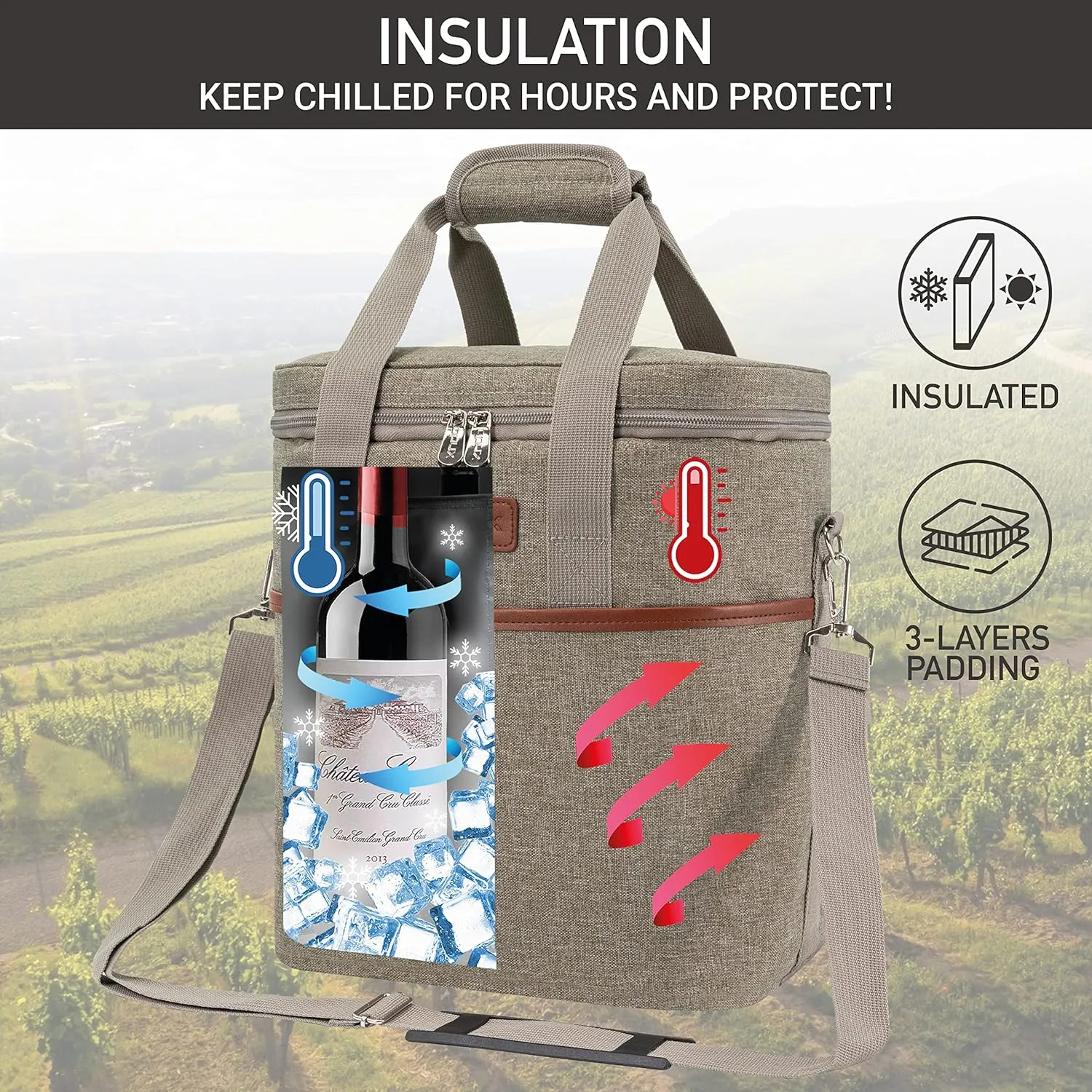 opux 6 Bottle Carrier Tote | Insulated Padded Wine Cooler Bag for Travel. Picnic, BYOB | Portable Leakproof Wine Tote Bag for Dinner, Party, Christmas, Wine Gift for Women, Men (Heather Taupe)