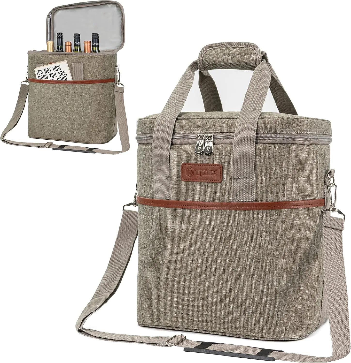 opux 6 Bottle Carrier Tote | Insulated Padded Wine Cooler Bag for Travel. Picnic, BYOB | Portable Leakproof Wine Tote Bag for Dinner, Party, Christmas, Wine Gift for Women, Men (Heather Taupe)