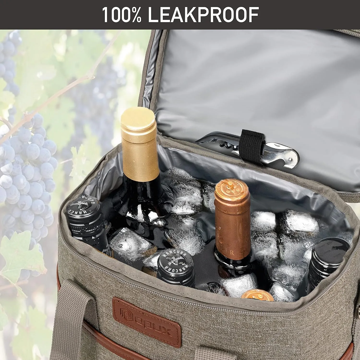 opux 6 Bottle Carrier Tote | Insulated Padded Wine Cooler Bag for Travel. Picnic, BYOB | Portable Leakproof Wine Tote Bag for Dinner, Party, Christmas, Wine Gift for Women, Men (Heather Taupe)