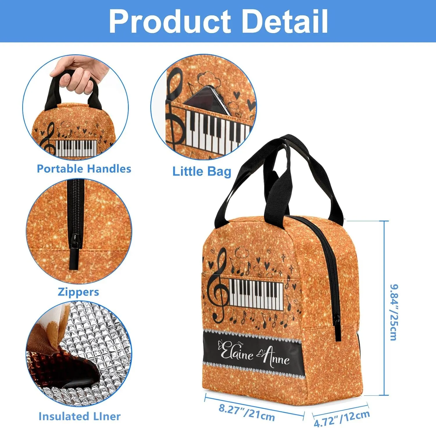 Orange Glitter Music Notation Lunch Bag for Boy Girl Reusable Lunch Box for Adult Lunch Tote Bag Lunch Container for Office Work Home Picnic Beach Travel