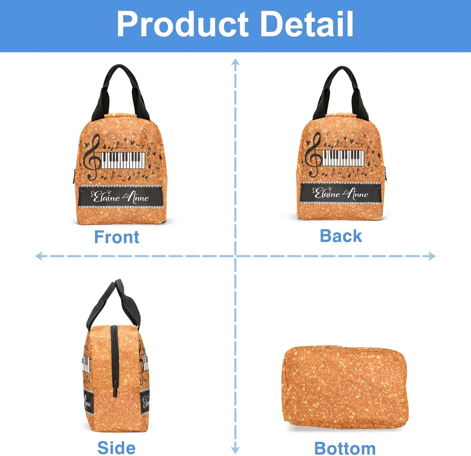 Orange Glitter Music Notation Lunch Bag for Boy Girl Reusable Lunch Box for Adult Lunch Tote Bag Lunch Container for Office Work Home Picnic Beach Travel
