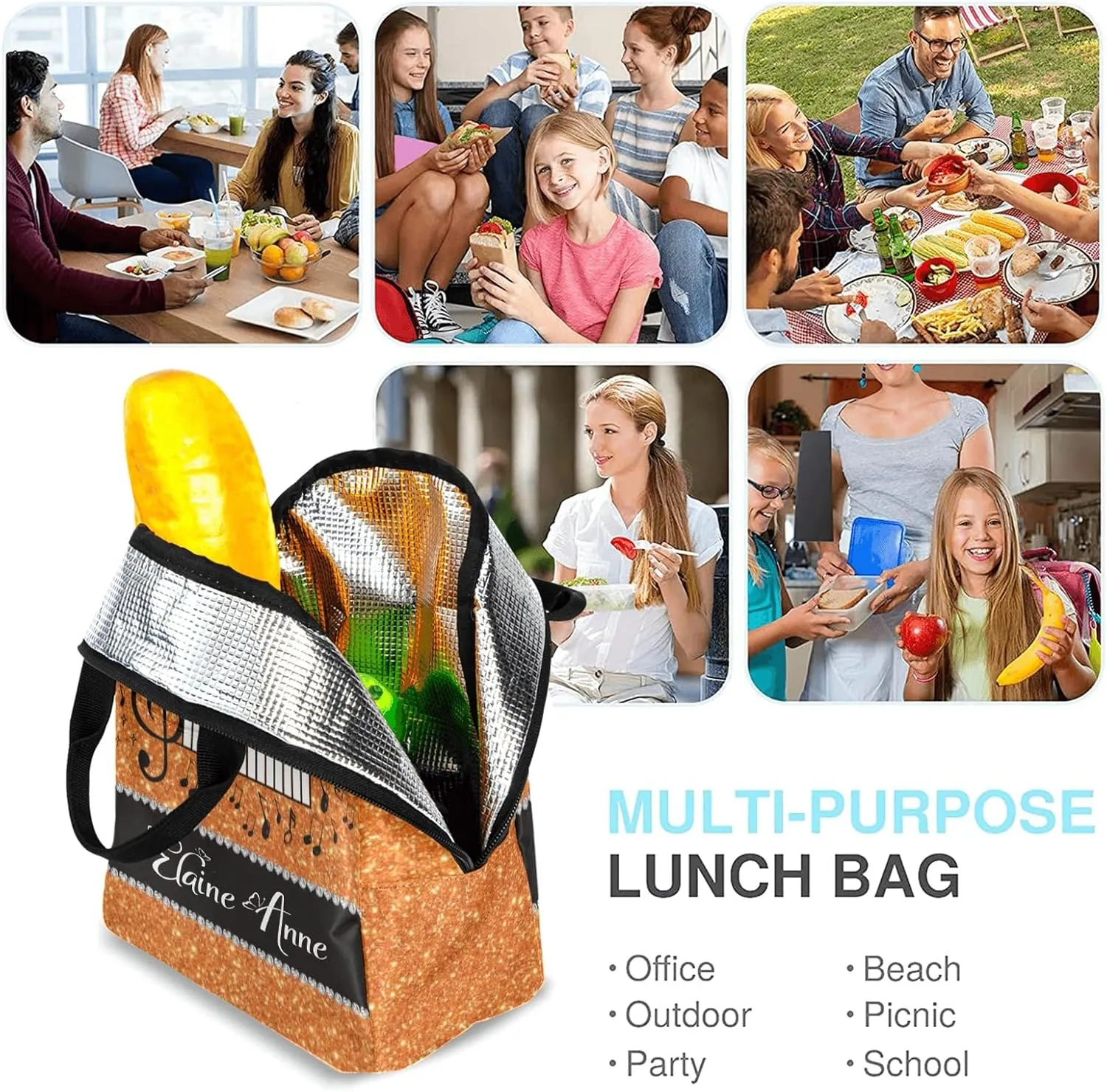 Orange Glitter Music Notation Lunch Bag for Boy Girl Reusable Lunch Box for Adult Lunch Tote Bag Lunch Container for Office Work Home Picnic Beach Travel