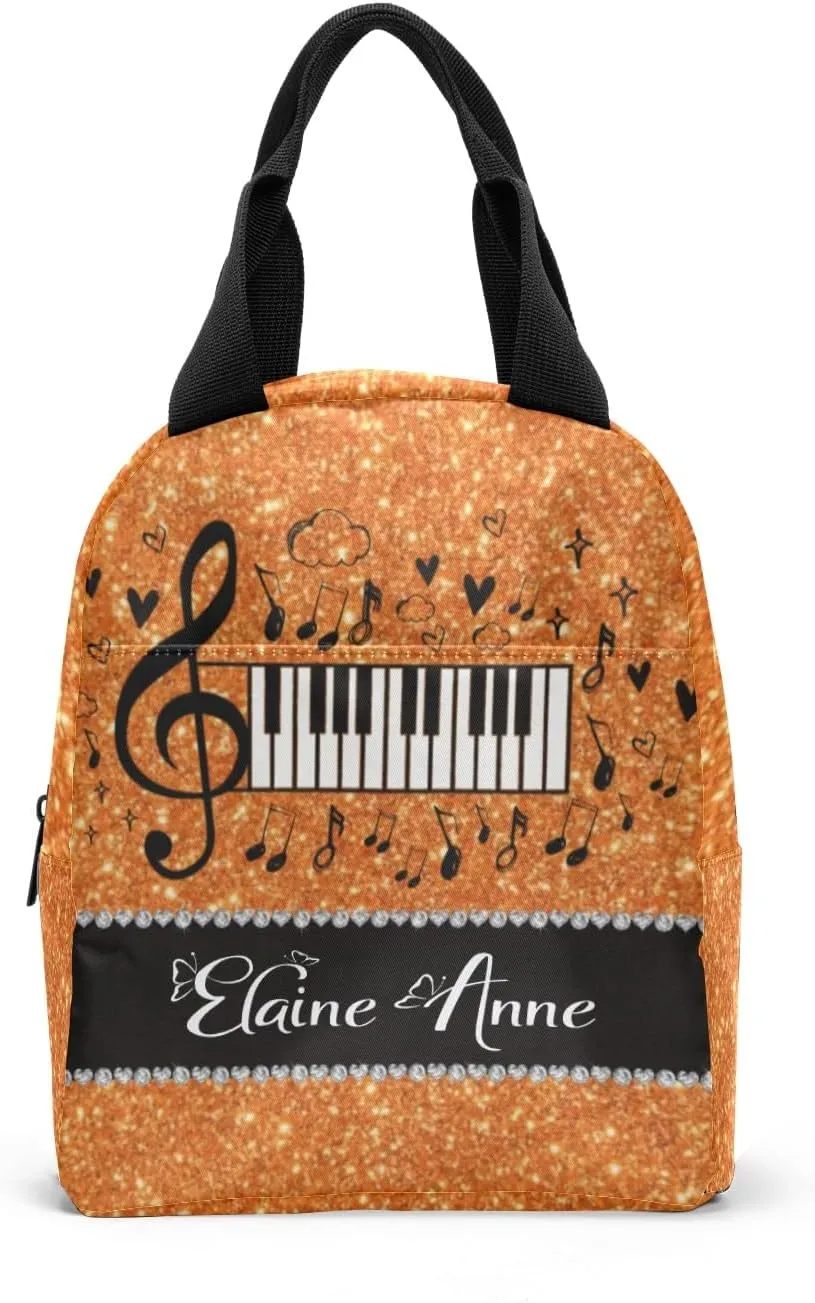 Orange Glitter Music Notation Lunch Bag for Boy Girl Reusable Lunch Box for Adult Lunch Tote Bag Lunch Container for Office Work Home Picnic Beach Travel