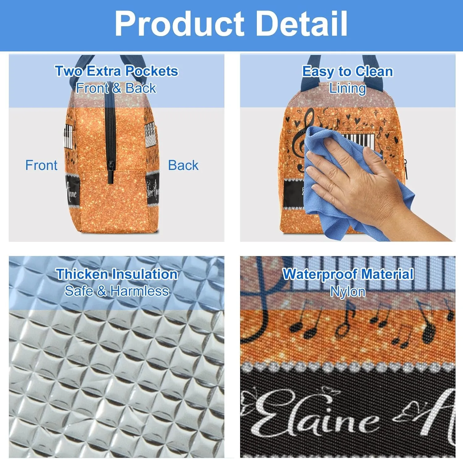 Orange Glitter Music Notation Lunch Bag for Boy Girl Reusable Lunch Box for Adult Lunch Tote Bag Lunch Container for Office Work Home Picnic Beach Travel