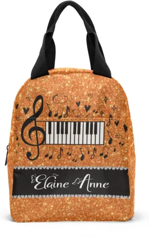 Orange Glitter Music Notation Lunch Bag for Boy Girl Reusable Lunch Box for Adult Lunch Tote Bag Lunch Container for Office Work Home Picnic Beach Travel