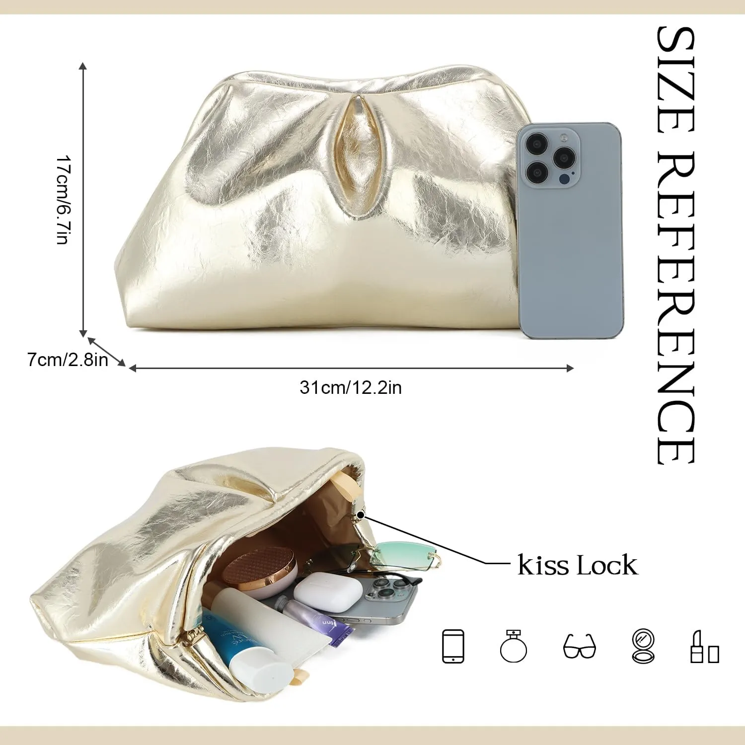 Oweisong Soft Leather Clutch Purse for Women Silver Cloud Evening Handbag Ruched Dumpling Bag for Vacation Party