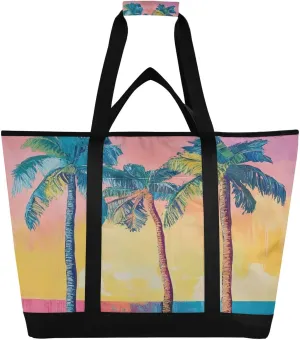 Palm Tree Reusable Insulated Lunchbox Cooler Bag, Leakproof Kitchen Grocery Bag Collapsible Portable Cooler Tote Bag for Picnic, Camping, Office, Travel