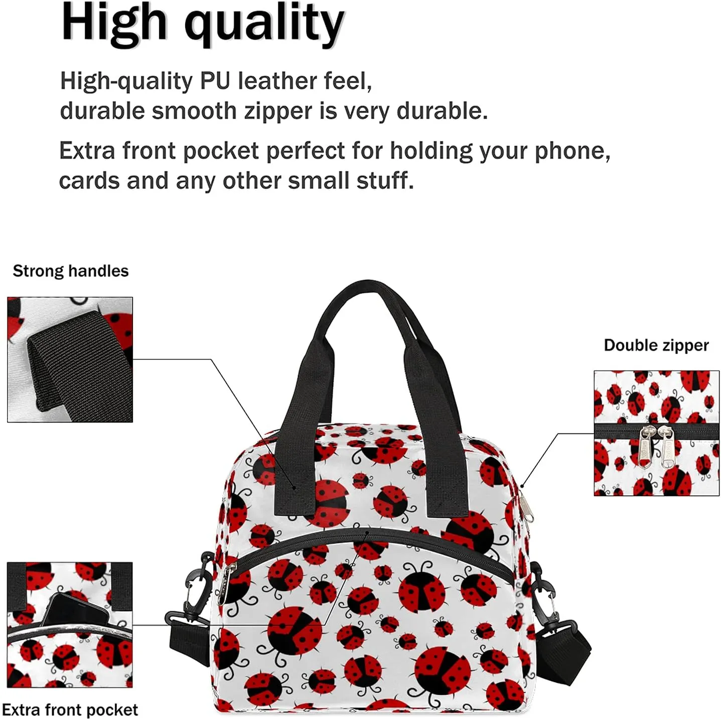Pardick Red Ladybug Insulated Lunch Bag Cute Animal Lunch Box for Women Girl with Shoulder Strap Tote Bag Reusable Large Containers Meal Prep for School Work Travel Picnic Thermal Cooler Bag