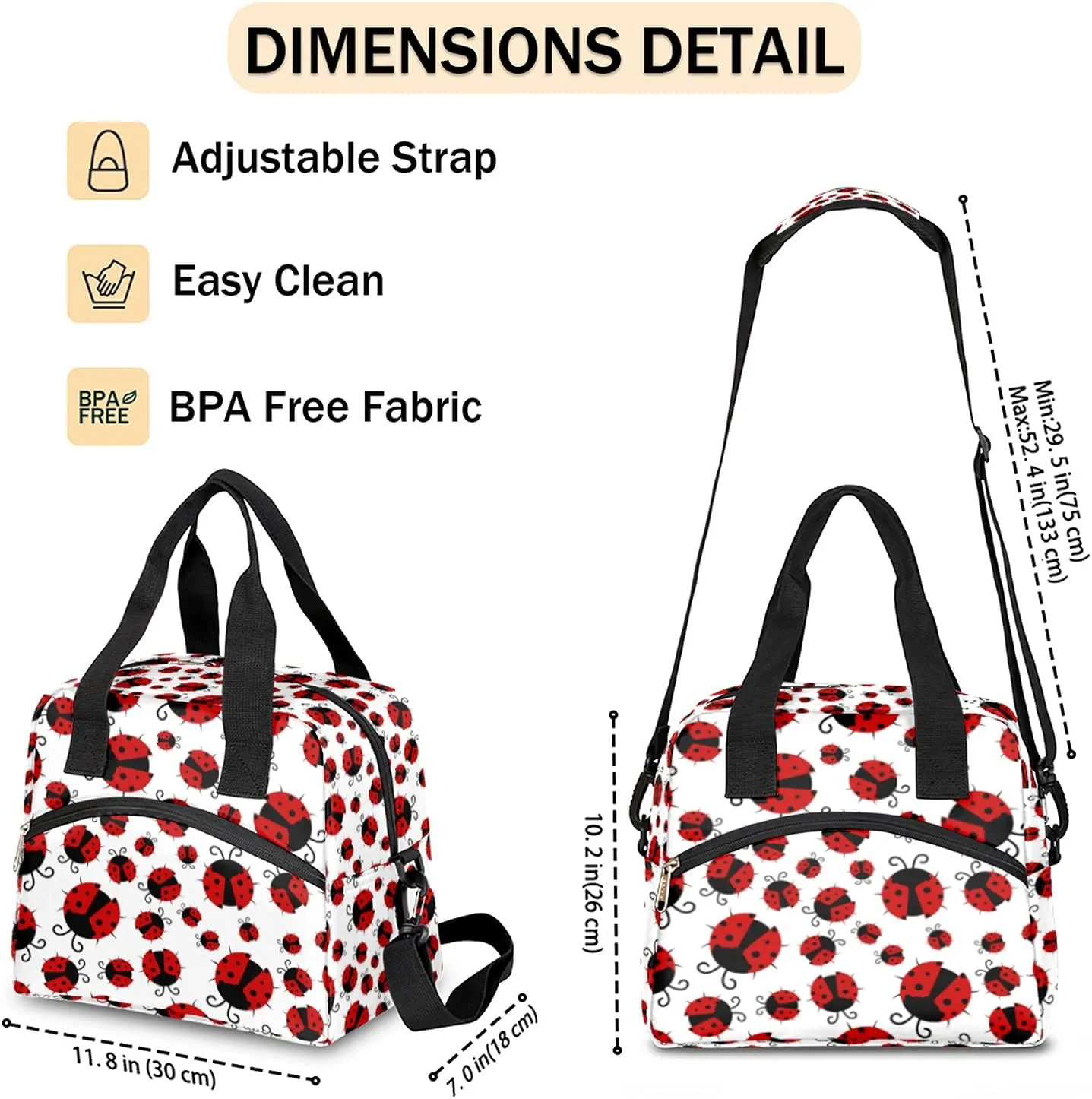 Pardick Red Ladybug Insulated Lunch Bag Cute Animal Lunch Box for Women Girl with Shoulder Strap Tote Bag Reusable Large Containers Meal Prep for School Work Travel Picnic Thermal Cooler Bag
