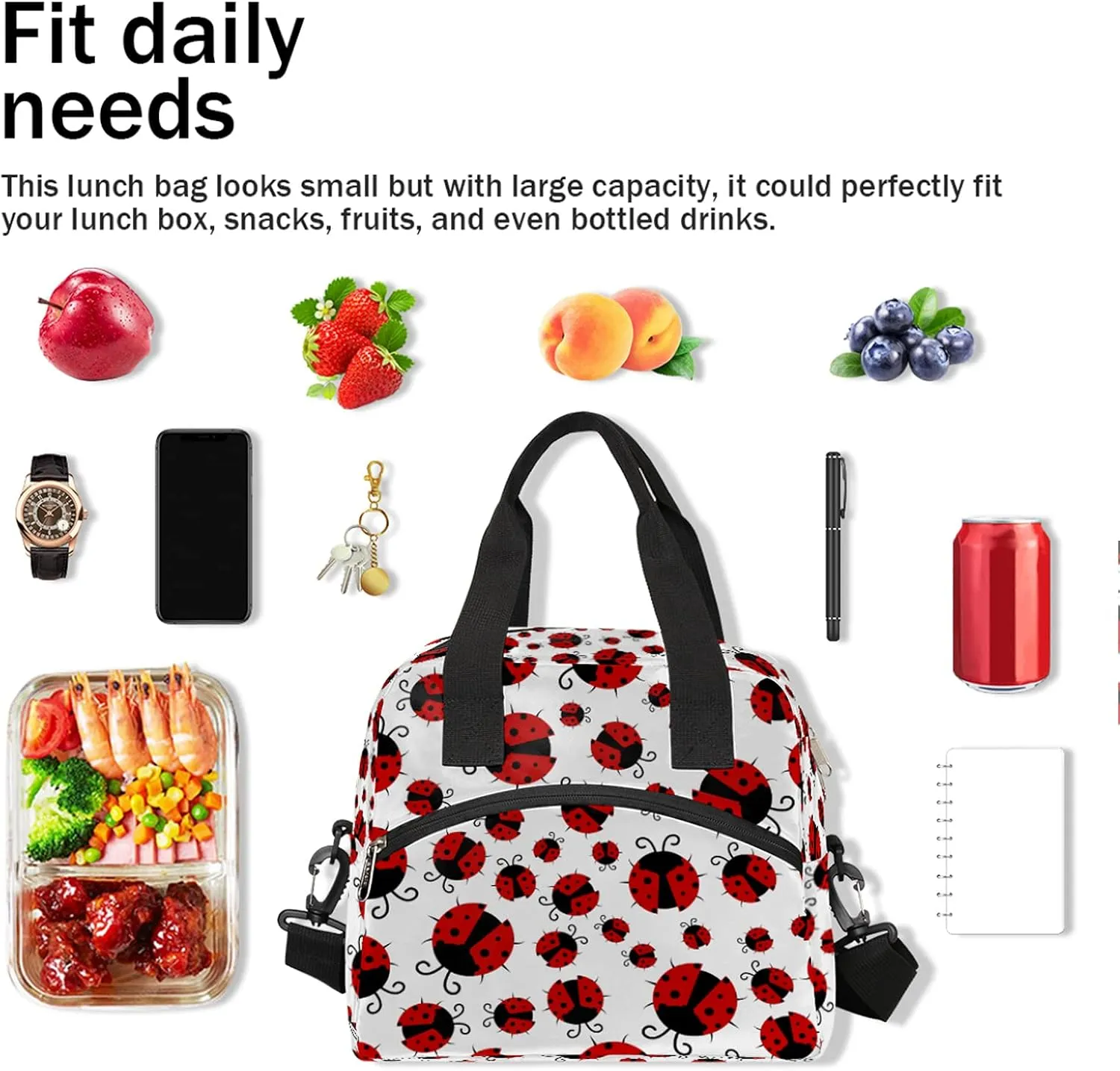 Pardick Red Ladybug Insulated Lunch Bag Cute Animal Lunch Box for Women Girl with Shoulder Strap Tote Bag Reusable Large Containers Meal Prep for School Work Travel Picnic Thermal Cooler Bag