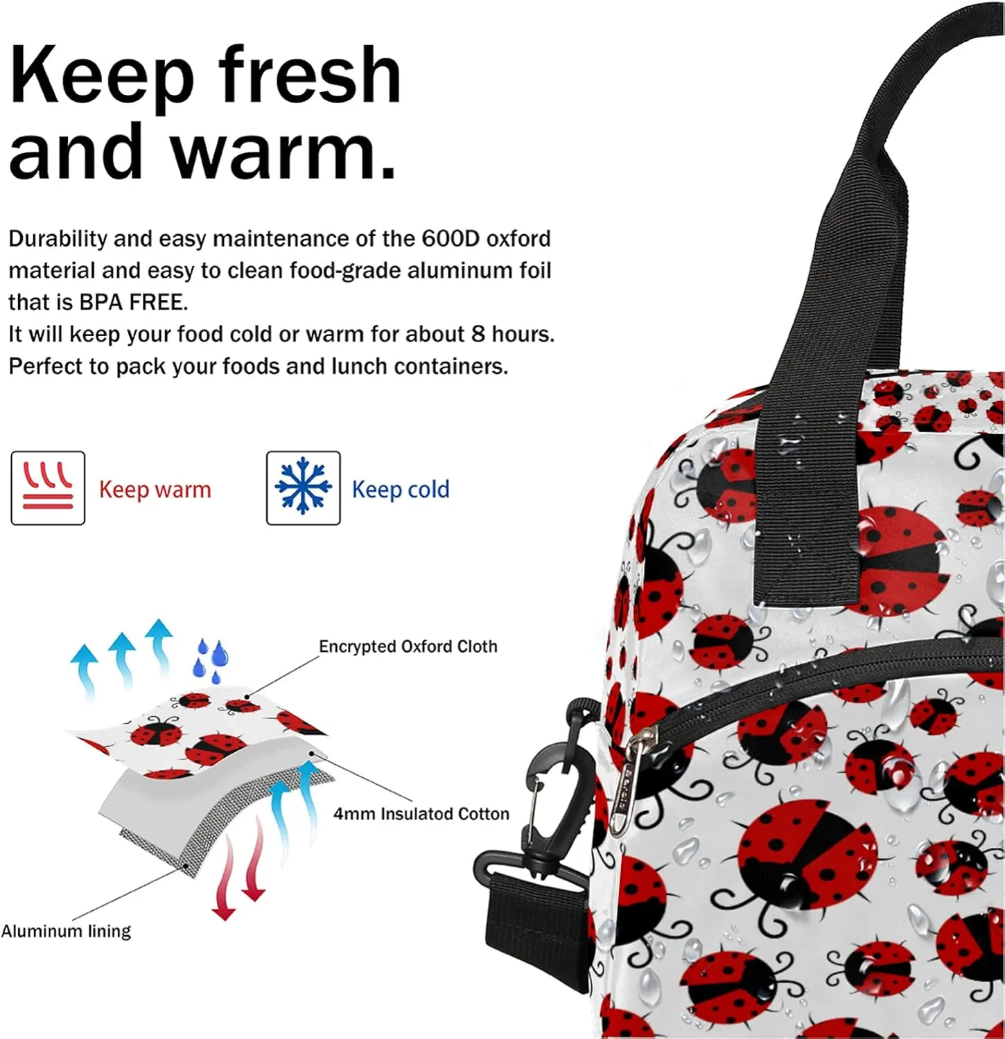 Pardick Red Ladybug Insulated Lunch Bag Cute Animal Lunch Box for Women Girl with Shoulder Strap Tote Bag Reusable Large Containers Meal Prep for School Work Travel Picnic Thermal Cooler Bag
