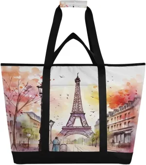Paris Eiffel Tower Reusable Insulated Lunchbox Cooler Bag, Leakproof Kitchen Grocery Bag Collapsible Portable Cooler Tote Bag for Picnic, Camping, Office, Travel