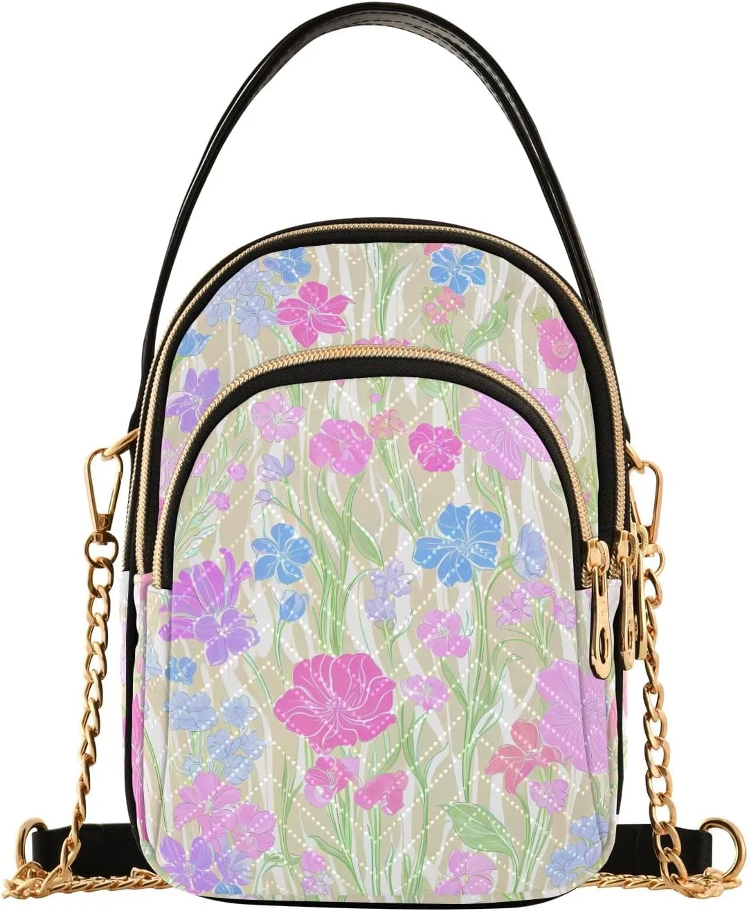 Pastel Floral Pattern Small Handbag Crossbody Bag for Women Quilted Bags Shoulder Purse Phone Wallet Chain Bag