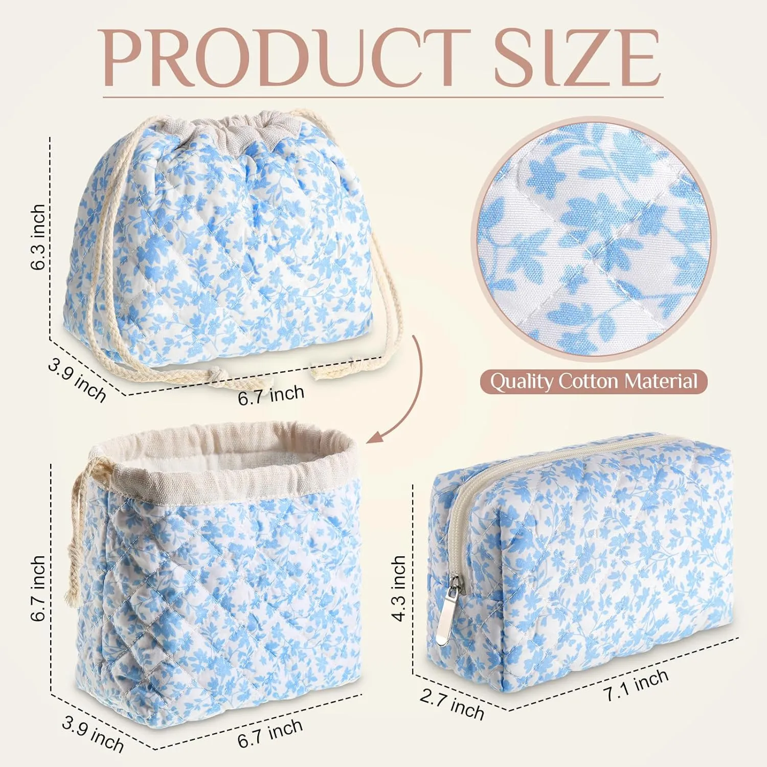 Paterr 2 Pcs Cotton Quilted Drawstring Makeup Bag Coquette Cosmetics Aesthetic Travel Toiletry Bag Quilted Makeup Pouch Cute Kawaii Purse for Women(Floral)