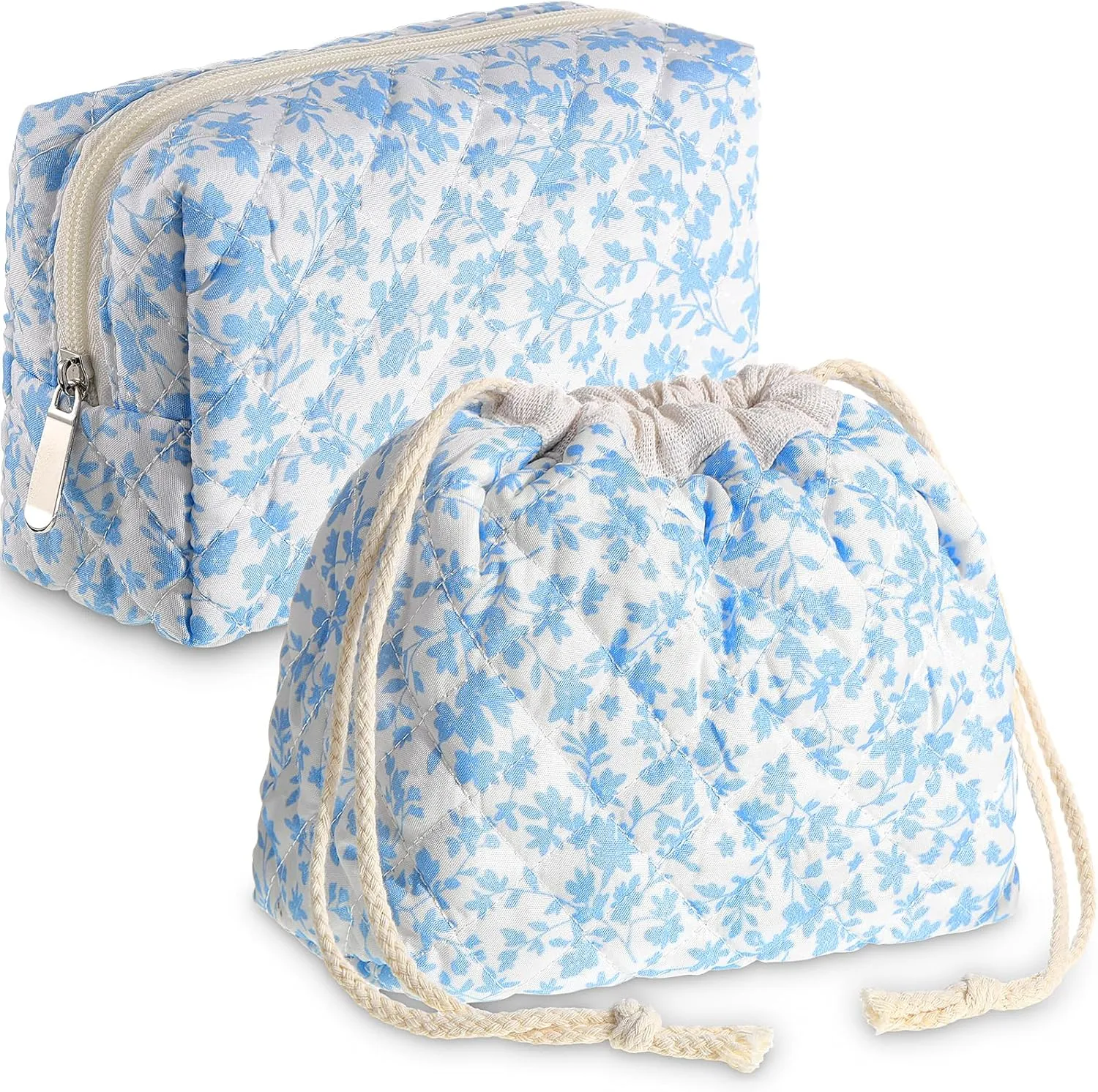 Paterr 2 Pcs Cotton Quilted Drawstring Makeup Bag Coquette Cosmetics Aesthetic Travel Toiletry Bag Quilted Makeup Pouch Cute Kawaii Purse for Women(Floral)