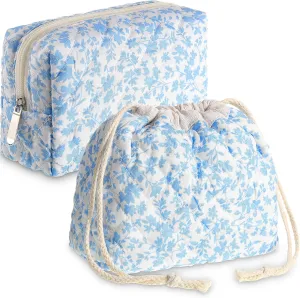 Paterr 2 Pcs Cotton Quilted Drawstring Makeup Bag Coquette Cosmetics Aesthetic Travel Toiletry Bag Quilted Makeup Pouch Cute Kawaii Purse for Women(Floral)