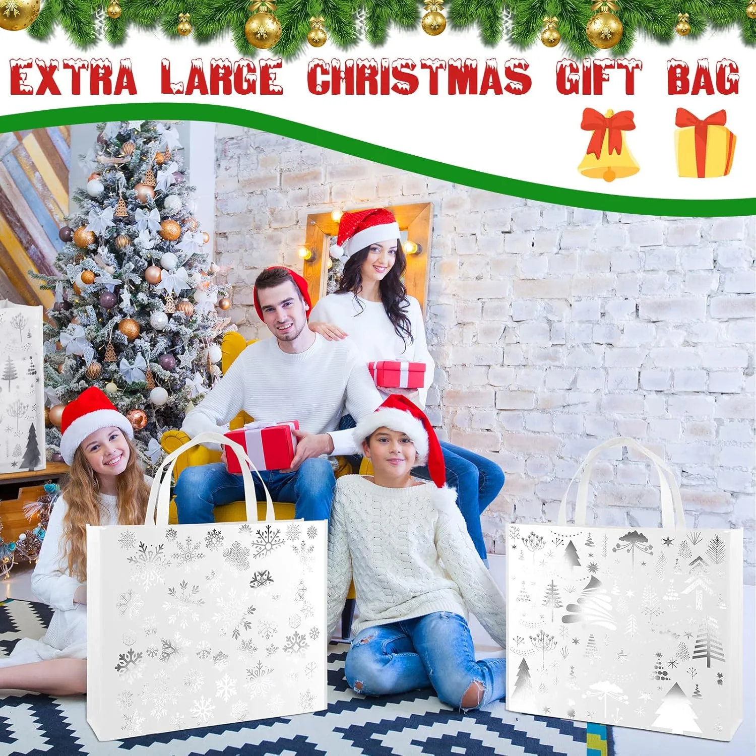 PerKoop 4 Pcs Extra Large Christmas Snowflake Gift Bag 20 x 16 Inch Jumbo Metallic Silver Bag Large Tote with Handles Christmas Tree Reusable Non Woven Gift for Xmas Party Favor Supplies