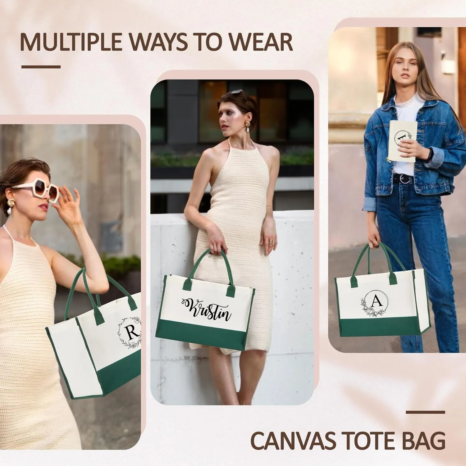 Personalized Canvas Tote Bag - Reinforced Handles,Dense Sewing Beach Bag & Extra Makeup Bag,Travel Essentials,Gifts for Women