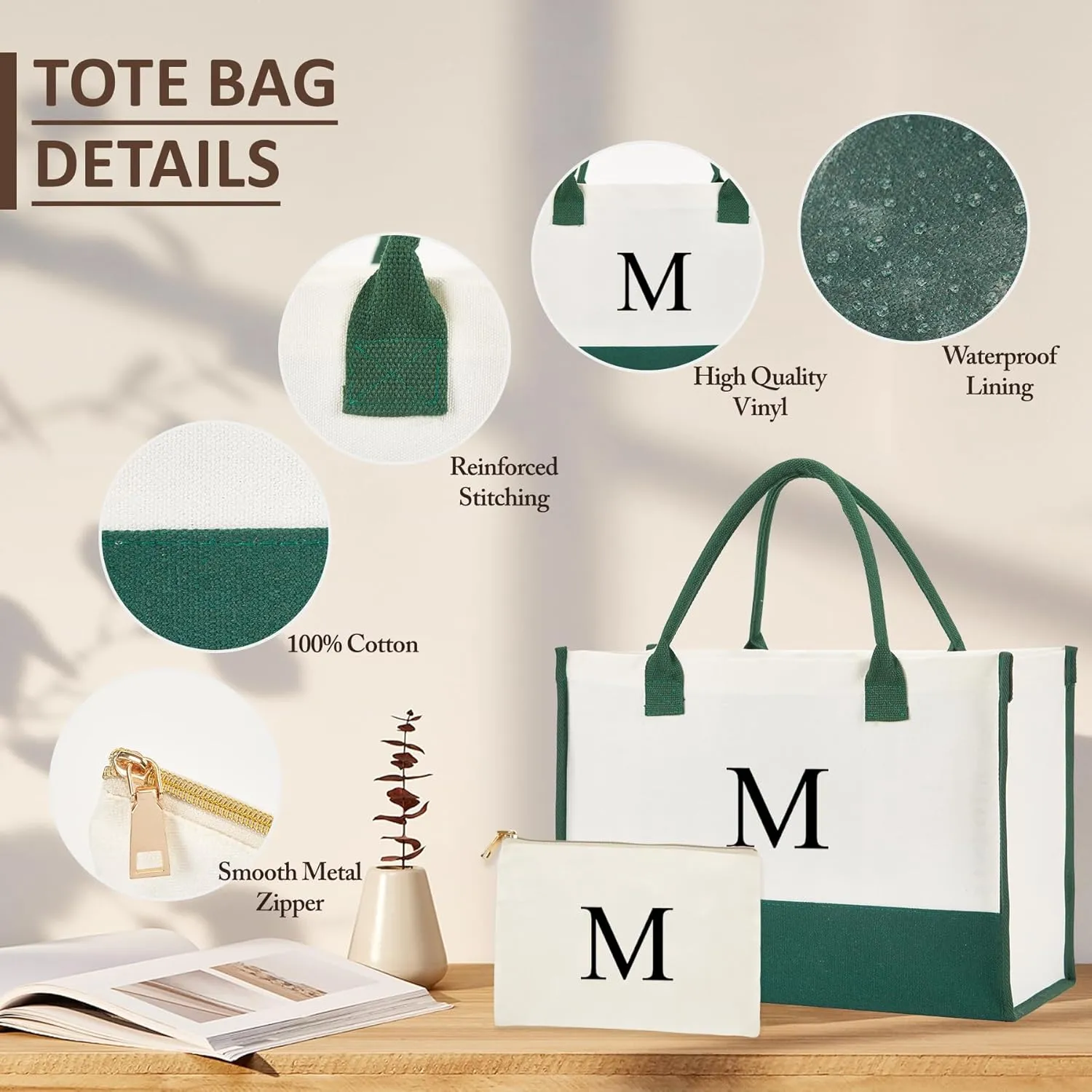 Personalized Canvas Tote Bag - Reinforced Handles,Dense Sewing Beach Bag & Extra Makeup Bag,Travel Essentials,Gifts for Women