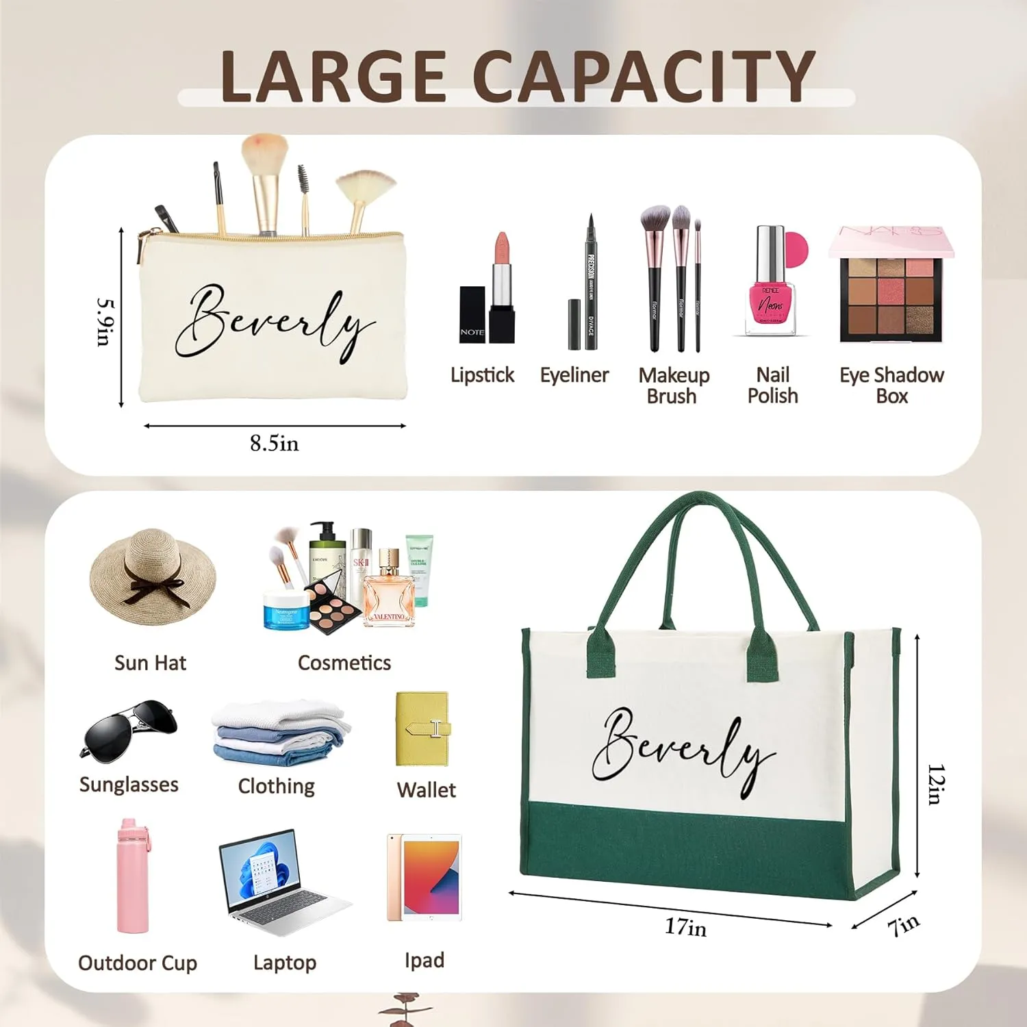 Personalized Canvas Tote Bag - Reinforced Handles,Dense Sewing Beach Bag & Extra Makeup Bag,Travel Essentials,Gifts for Women