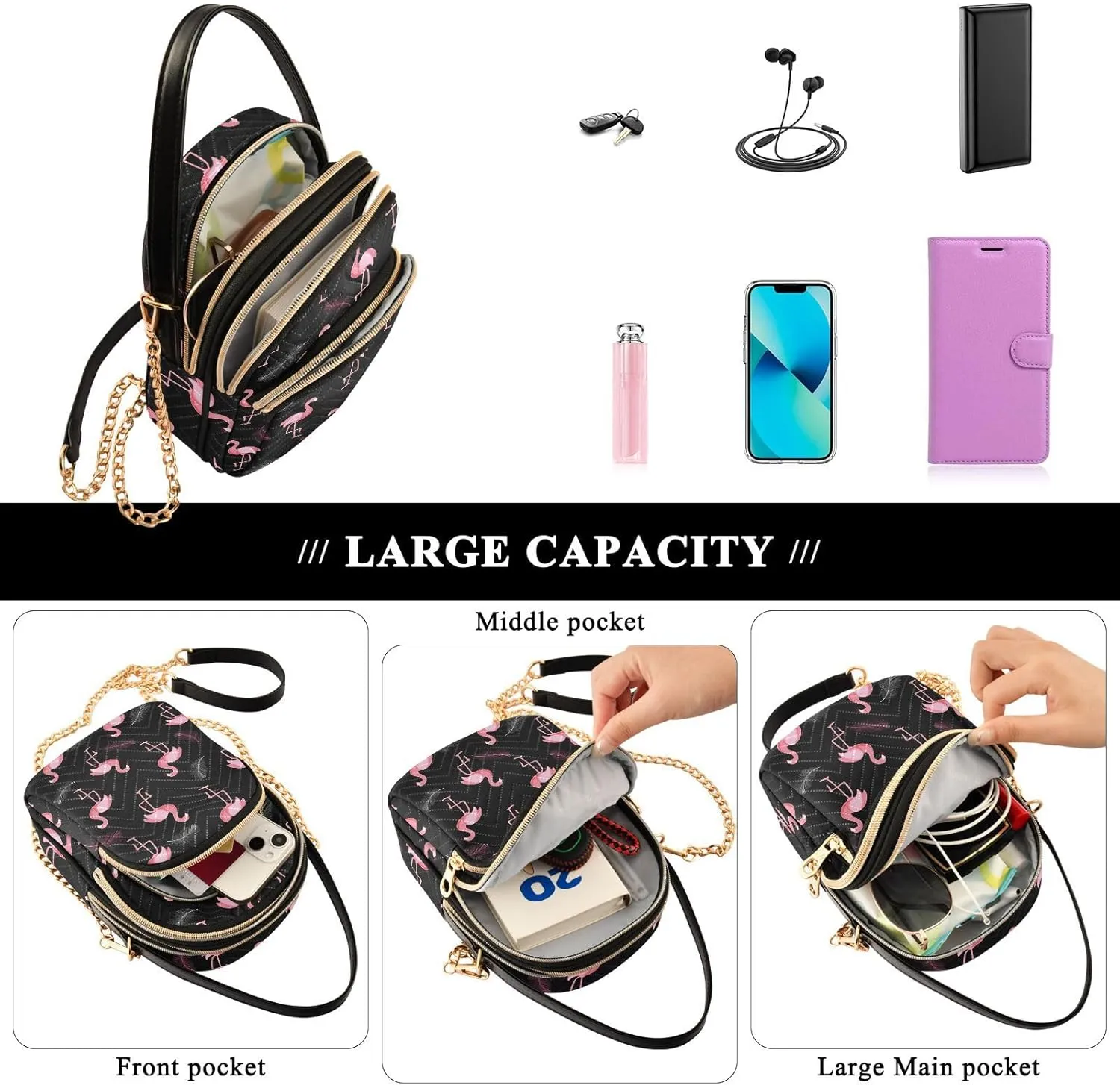 Phone Purse Women Small Cell Wallet Crossbody Bags Women's Mini Shoulder Bag Black Paisley Petals