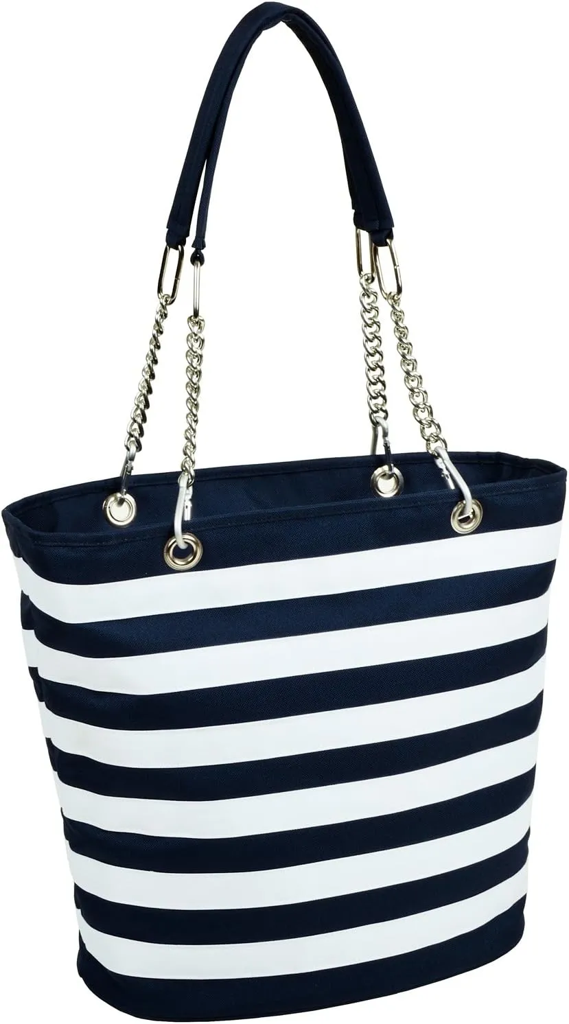 Picnic at Ascot Large Insulated Fashion Cooler Bag - 22 Can Tote - Blue Stripe