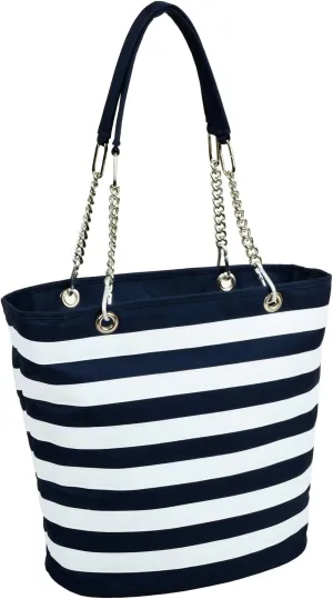 Picnic at Ascot Large Insulated Fashion Cooler Bag - 22 Can Tote - Blue Stripe