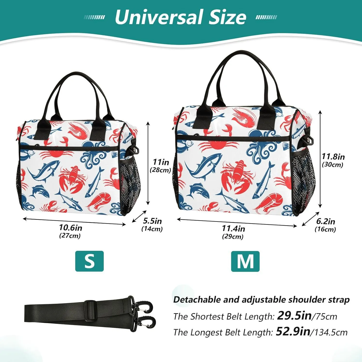 Pigsaly Lunch Bag Crab Shrimp Seafood Fish Large Lunch Box For Women Tuna Salmon Herring Squid Insulated Lunch Tote Bags M