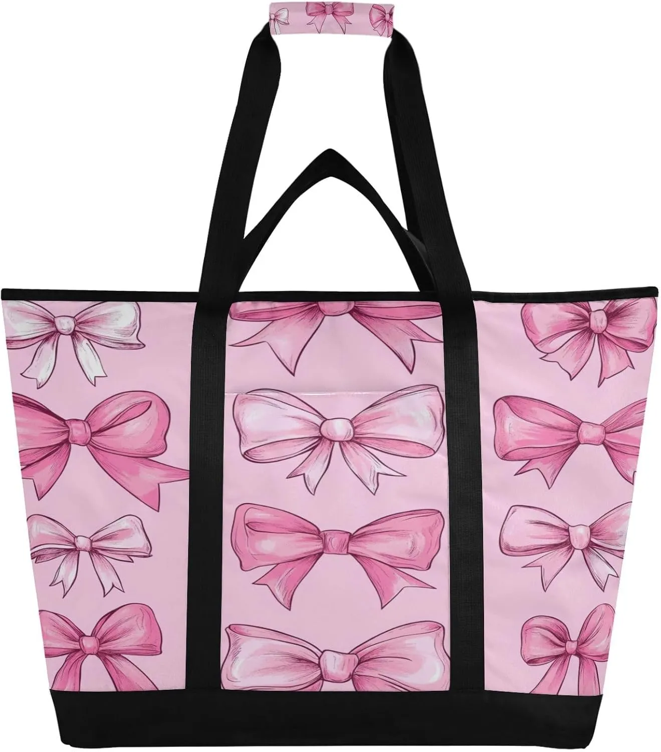 Pink Bow Reusable Insulated Lunchbox Cooler Bag, Leakproof Kitchen Grocery Bag Collapsible Portable Cooler Tote Bag for Picnic, Camping, Office, Travel