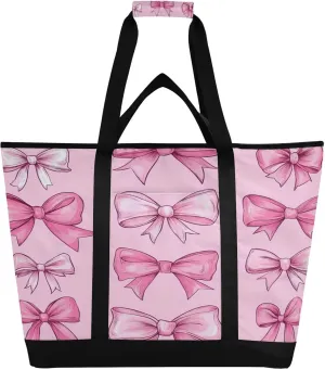 Pink Bow Reusable Insulated Lunchbox Cooler Bag, Leakproof Kitchen Grocery Bag Collapsible Portable Cooler Tote Bag for Picnic, Camping, Office, Travel