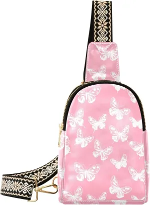 Pink Butterfly Full-Print Leather Fashion Waist Pack Small Crossbody Bag with Card Slots & Adjustable Strap for Biking Shopping Hiking Running & Casual Outings