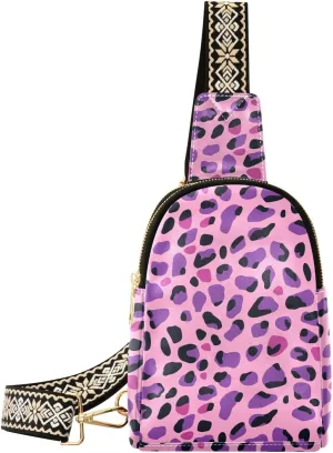 Pink Leopard Print Compact Fashion Daypack Full-Print PU Leather Crossbody Bag with Card Pocket & Adjustable Strap for Women on the Go Festivals Travel & Hikes