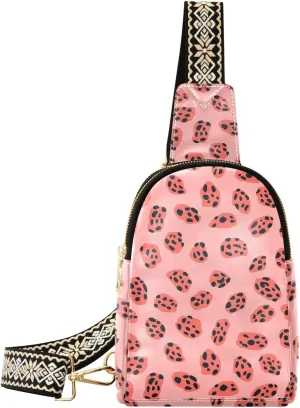 Pink Leopard Print Mini Crossbody Bag with Full-Print PU Leather Fashion Waist Pack with Adjustable Strap & Card Holder Great for Hiking Fishing Beach Travel & More