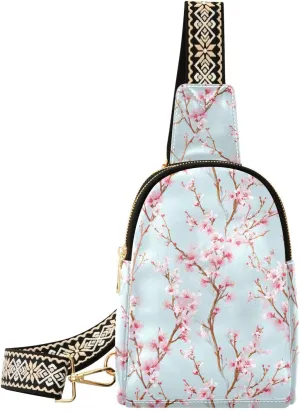 Pink Plum Blossom Stylish PU Leather Waist Pack Soft Waterproof Crossbody Bag with Metal Hardware Fits Keys Phone Passport for Work Walks Music Fests & Trips