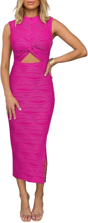 Pink Queen Sexy Sleeveless Cutout Bodycon Dress for Women 2024 Crewneck Twist Ruched Fitted Slit Knit Cocktail Party Outfits