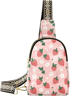 Pink Strawberry Full-Print Leather Fashion Waist Pack Small Crossbody Bag with Card Slots & Adjustable Strap for Biking Shopping Hiking Running & Casual Outings