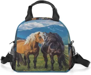 Playful Horses In The Valley Lunch Bag Insulated Lunch Box Lunch Tote Bag Lunch Organizer Lunch Holder Handbag for Women Men