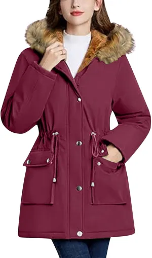 Plus Size Coats for Women with Fur Hood Waterproof Fleece Rain Jackets Drawstring Zipper Raincoats with Pockets